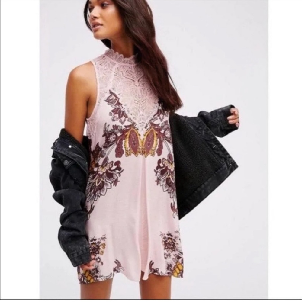 FREE PEOPLE intimately pink floral with lace mini dress.